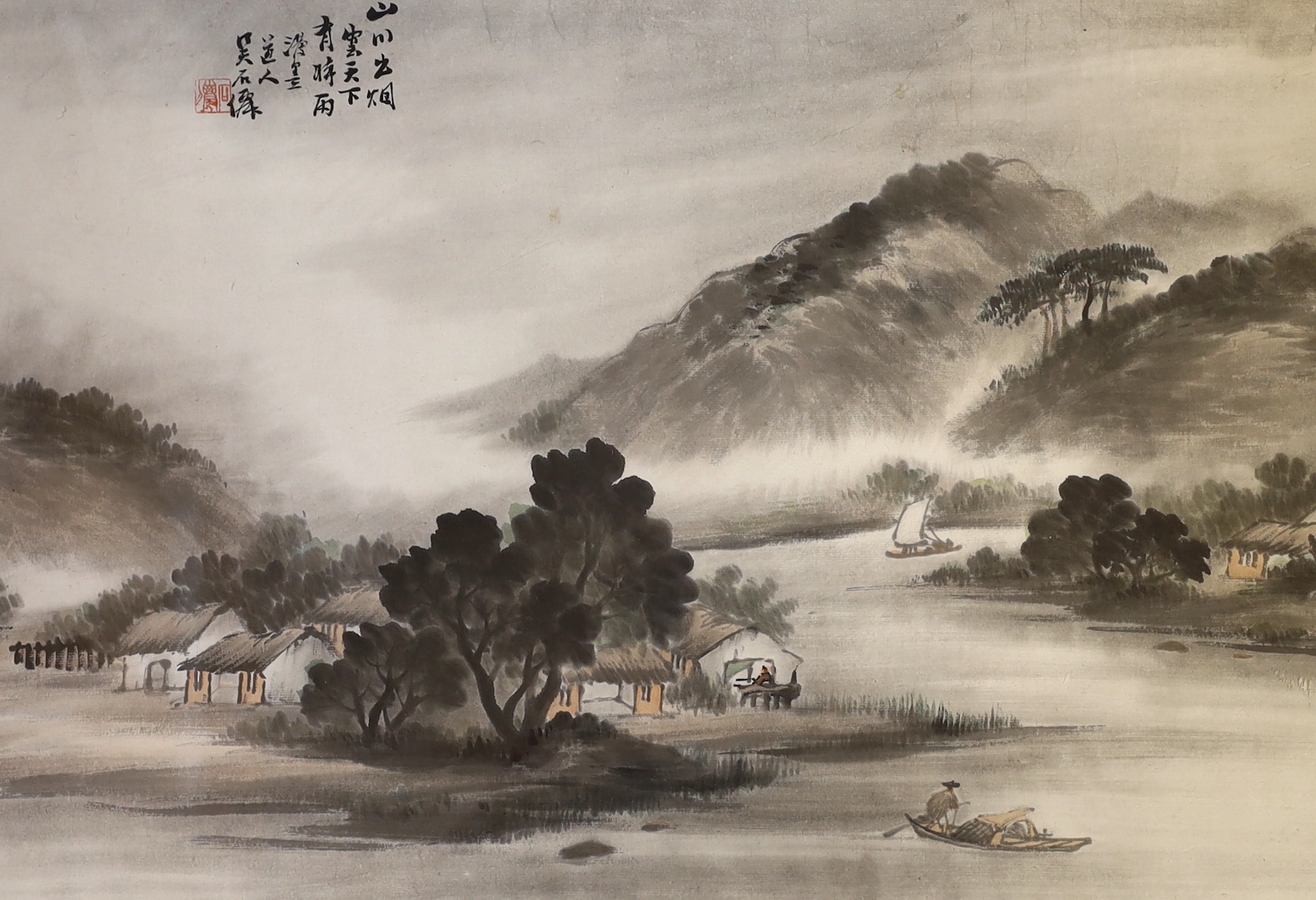 Wu Shixian (?-1916) Chinese, pair of ink and watercolours, Mountainous river landscapes, 48 x 33cm
